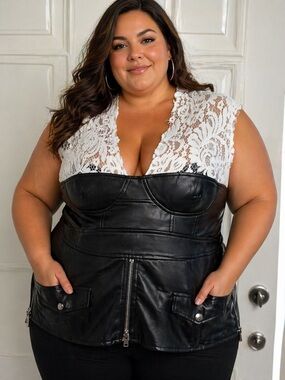 Black and White Lace Faux Leather Blouse